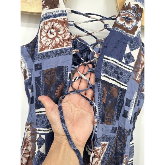 Vintage Tango Mango Flare Dress Size M Womans BlueTan Button down Sleeveless - Picture 4 of 8